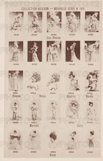 25 portraits of Lise Fleuron, Valois, Dautrey, Noedia, Marville, Lhéry and Berny, Collection Nilsson - Nouvelle Série, page, photomechanical print, number: 'No 199', c. 1894 - in or before 1899, paper, collotype, photoprint, height 240 mm x width 153 mm, historical persons - BB - woman, The image shows a vertical sheet with a grid of sepia-toned portrait photographs of women in period costumes and theatrical poses, each photo framed by a light border and arranged in rows and columns. The women wear elaborate hats or headpieces with feathers, ornate dresses, and flowing fabrics, and many hold props such as parasols, draped curtains, or staffs. Faces and upper bodies are prominent in many portraits, with some full-length poses showing long gowns and skirts. The overall background is light and plain behind the portraits, and there is a wider blank margin around the grid. The photographic style appears vintage, with soft focus and tonal variations across the small rectangular images.