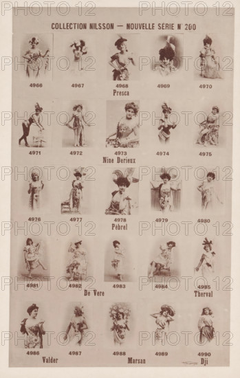 25 portraits of Presca, Nine Derieux, Pébrel, De Vere, Therval, Valder, Marsan and Dji, Collection Nilsson - Nouvelle Série, page, photomechanical print, number: 'No 200', c. 1894 - in or before 1899, paper, collotype, photoprint, height 239 mm x width 153 mm, historical persons - BB - woman, A vertical sheet showing a grid of vintage sepia-toned portrait photographs of women in theatrical or ornate costumes, each portrait framed in a rectangular box with small captions beneath that are visible but not described here, arranged in several horizontal rows across the page; the women display a variety of poses and outfits including dresses, hats with feathers or large decorative headpieces, and accessories like fans and canes, with some seated on chairs or leaning on props while others stand or adopt playful stances; the background is a plain light tone and the overall page has a distressed, aged appearance with slight spotting and faded borders.