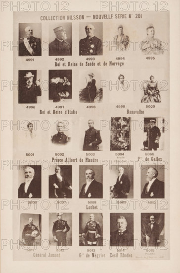 25 portraits of Oscar II of Sweden and his wife Sophia of Nassau, Umberto I and his wife Margaret of Savoy, Albert I of Belgium and others, Collection Nilsson - Nouvelle Série, page, photomechanical print, number: 'No 201', inscription: 'King and Queen of Sweden and Norway, King and Queen of Italy Ranavalho, Prince Albert of Flanders Family, of England Pce de Galles, Loubet, General Jamont Gal de Négrier Cecil Rhodes PICARD, Direct. de l'Exp. de 1900', c. 1894 - in or before 1899, paper, collotype, photogravure, height 240 mm x width 154 mm, Person, Oscar II (King of Sweden and Norway), Umberto I of Italy, Albert I (King of Belgium), Margaret of Savoy (Queen of Italy), Sophia of Nassau-Weilburg (Queen of Sweden and Norway), historical persons, historical persons - BB - woman, king, A vertically oriented sheet displays a grid of small sepia-toned portrait photographs of men and women arranged in rows and columns, each portrait showing individuals in formal attire or uniforms with varied...