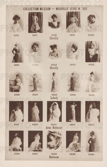 25 portraits of Chevilly, Labady and Anna Robïnson, Collection Nilsson - Nouvelle Série, page, photomechanical print, number: 'No 202', c. 1894 - in or before 1899, paper, collotype, photoprint, height 240 mm x width 154 mm, historical persons - BB - woman, A vertically oriented sheet displaying a grid of small sepia-toned photographic portraits of women arranged in rows and columns, each portrait showing a single woman in various poses and outfits ranging from seated to standing, some with hats, veils, or draped fabrics, with plain or curtain-like backdrops and occasional simple furniture, all images framed by narrow margins and separated by light background space.