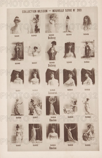 25 portraits of Dalbray, Sabourot and Emelen, Collection Nilsson - Nouvelle Série, page, photomechanical print, number: 'No 203', c. 1894 - in or before 1899, paper, collotype, photoprint, height 239 mm x width 154 mm, historical persons - BB - woman, A vertically oriented sepia-toned sheet showing a grid of small portrait and full-body photographs of women arranged in rows and columns, each photograph framed by light margins and featuring women in various poses and period dresses with different hairstyles and headpieces, some seated and some standing, a few with draped fabric or floral accessories, and darker rectangular headers above some images.