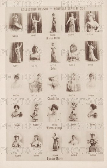 25 portraits of Marie Delna, Chambellan, Woronewskaya and Blanche-Marie, Collection Nilsson - Nouvelle Série, page, photomechanical print, number: 'No 204', c. 1894 - in or before 1899, paper, collotype, photoprint, height 239 mm x width 154 mm, Person, Marie Delna, historical persons - BB - woman, portrait of opera-singer, A vertically oriented sepia-toned sheet shows a grid of small portrait and full-length photographs of women arranged in rows and columns with light margins between images, each photograph featuring a woman in period costume or dress posed against a plain backdrop, some standing with raised arms, some seated on chairs, some wearing floral headpieces or ornate headdresses, and others shown in close-up bust views with varied facial expressions and hairstyles; decorative gowns, draped fabrics, and accessories such as necklaces and belts are visible, and the sheet has a faded border with evenly spaced images filling the page.