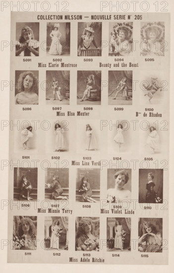 25 portraits of Marie Montrose, Elsa Moxter, Lina Verdi, Minnie Terry, Violet Linde and Adèle Ritchie, Collection Nilsson - Nouvelle Série, page, photomechanical print, inscription: 'Miss Marie Montrose Beauty and the Beast, Miss Elsa Moxter Bne de Rhaden, Miss Lina Verdi, Miss Minnie Terry Miss Violet Linde, Miss Adèle Ritchie', number: 'No 205', c. 1894 - in or before 1899, paper, collotype, photoprint, height 239 mm x width 154 mm, Person, Adele Ritchie, historical persons - BB - woman, portrait of opera-singer, A vertically oriented printed sheet with a grid of sepia-toned portrait photographs, each set inside a rectangular frame, showing a variety of women and children in period clothing and theatrical poses; the top portion features small head-and-shoulder and full-body portraits including women wearing hats, frilled dresses, and one holding a small dog, followed by another row of portraits with a mix of seated and standing figures, one image of a performing animal in mid-jump, a...