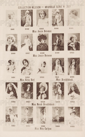 25 portraits of Jessie Bateman, Kitty Bird, Norah Brocklebank and Nita Carlyon, Collection Nilsson - Nouvelle Série, page, photomechanical print, number: 'No 207', c. 1894 - in or before 1899, paper, collotype, photoprint, height 240 mm x width 154 mm, Person, Jessie Bateman, historical persons - BB - woman, portrait of actor, actress, A sepia toned page showing a grid of portrait photographs arranged in rows, each portrait depicting a young woman in vintage clothing and various poses, some wearing hats or headpieces, some in dresses with ruffles or high collars, others posed with props like chairs or holding small objects, all portraits framed by light borders against a plain background, with larger centered portrait groupings separating the rows.
