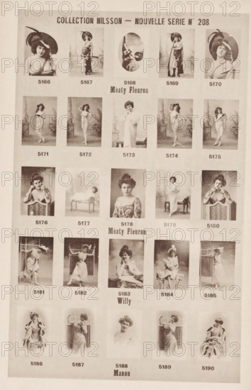 25 portraits of Méaty Fleuron, Willy and Manon, Collection Nilsson - Nouvelle Série, page, photomechanical print, number: 'No 208', c. 1894 - in or before 1899, paper, collotype, photoprint, height 240 mm x width 154 mm, historical persons - BB - woman, A sepia-toned page displaying a grid of portrait and full-body photographs of women arranged in rows and columns, each image showing a woman posing in period clothing or partially draped garments with various props such as chairs, a chaise lounge, decorative screens, and a columned studio backdrop, some wearing hats or headpieces and some with hair styled up, expressions ranging from neutral to slightly smiling, a central oval image leaning sideways, and the overall sheet framed by a pale margin.