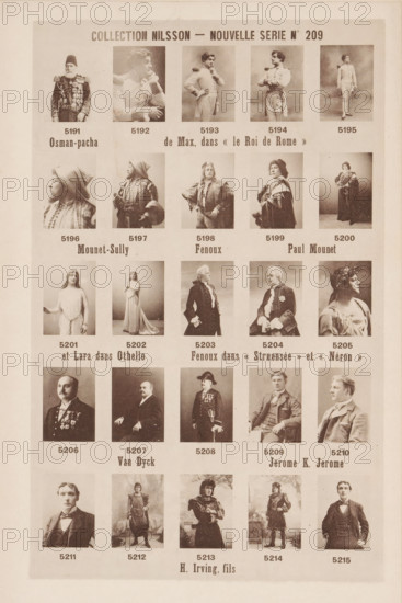 25 portraits of Paul Mounet, Jerome K. Jerome and others, Collection Nilsson - Nouvelle Série, page, photomechanical print, number: 'No 209', inscription: 'Osman-pache de Max, dans &lt, &lt, le Roi de Rome &gt, &gt, Mounet-Sully Fenoux Paul Mounet, et Lara dans Othello Fenoux dans &lt, Struensée &gt, et &lt, Néron &gt, Van Dyck Jerome K. Jerome, H. Irving, fils', c. 1894 - in or before 1899, paper, collotype, photoprint, height 235 mm x width 153 mm, Person, Paul Mounet, Jerome Klapka Jerome, historical persons, historical persons - BB - woman, A vertically oriented sheet showing a grid of vintage photographic portraits arranged in rows and columns, each portrait depicting a single person in period costume or formal dress, with a mix of men and women posed seated or standing, some in military or theatrical attire and others in elegant or historical clothing; the portraits vary between bust, three-quarter, and full-length views, framed by pale margins, and the overall image has a sepia ...