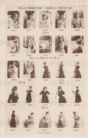 25 portraits of Cassive, Dalcy and Nuovina, Collection Nilsson - Nouvelle Série, page, photomechanical print, number: 'No 210', inscription: 'Cassive, dans &lt, &lt, La Dame de chez Maxim &gt, &gt, Cassive Dalcy, Nuovina, dans Carmen', c. 1894 - in or before 1899, paper, collotype, photoprint, height 238 mm x width 154 mm, historical persons - BB - woman, portrait of actor, actress, A sepia-toned sheet showing a grid of portrait photographs of women in period clothing arranged in rows and columns, each portrait framed with space around it; the women wear dresses, hats, veils, and accessories such as fans and gloves, and they pose seated, standing, reclining, or leaning with varied gestures and expressions; some images show women with hands near their faces, others with arms raised or holding props, and several portraits include chairs or set curtains as backdrops; the sheet has larger printed headings and labels above and between rows, and the overall appearance is aged paper with a un...
