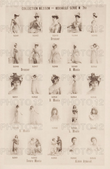 25 portraits of Drunzer, the sisters B. Mante and L. Mante and Aimée Aymond, Collection Nilsson - Nouvelle Série, page, photomechanical print, number: 'No 211', c. 1894 - in or before 1899, paper, collotype, photoprint, height 238 mm x width 154 mm, historical persons - BB - woman, A sepia-toned sheet displaying a grid of vintage portrait photographs of women in period dresses and hats, each image showing a single woman or small group in posed studio settings, with a variety of seated and standing positions, elaborate hairstyles and floral headpieces, flowing gowns and fitted bodices, some women facing forward while others are shown in profile or three-quarter views, and the photographs arranged in orderly rows and columns against a pale background.