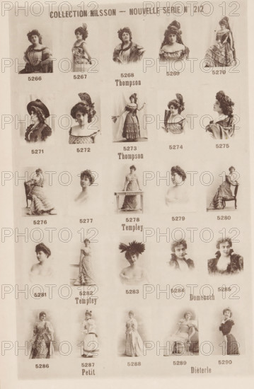 25 portraits of Thompson, Templey, Domenech, Valentine Petit and Diéterle, Collection Nilsson - Nouvelle Série, page, photomechanical print, number: 'No 212', c. 1894 - in or before 1899, paper, collotype, photoprint, height 236 mm x width 154 mm, Person, Valentine Petit, historical persons - BB - woman, A sepia-toned page showing a grid of small portrait and full-length photographs of women in period dresses and hairstyles arranged in rows and columns, each image centered above a short label; the top of the page features a bold header in capital letters, and various decorative dresses include ruffles, lace, hats, fans, and shawls; the women display a range of poses including seated, standing, and three-quarter profiles, with some holding props like chairs or fans and others wearing elaborate headpieces or feathered accessories; the photographs have a vintage, slightly faded appearance against a light background and are separated by narrow margins.