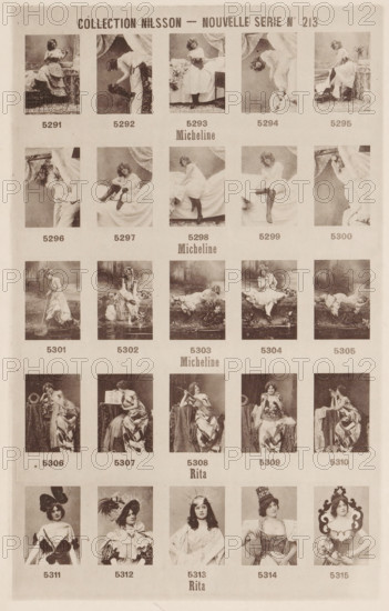 25 portraits of Micheline and Rita, Collection Nilsson - Nouvelle Série, page, photomechanical print, number: 'No 213', c. 1894 - in or before 1899, paper, collotype, photoprint, height 238 mm x width 153 mm, historical persons - BB - woman, A vertically oriented sepia sheet shows a grid of small portrait-style photographic panels arranged in rows; each panel contains a single woman posed in various outfits and settings, including dresses with ruffles, flowing skirts, and decorative headpieces, with some seated on draped furniture, some reclining on cushioned surfaces, and others standing near drapery or garden-like backdrops; the women display a range of poses such as leaning, looking downward, holding or adjusting garments, and resting hands on props; the sheet has a light textured border and an even margin around the panels.