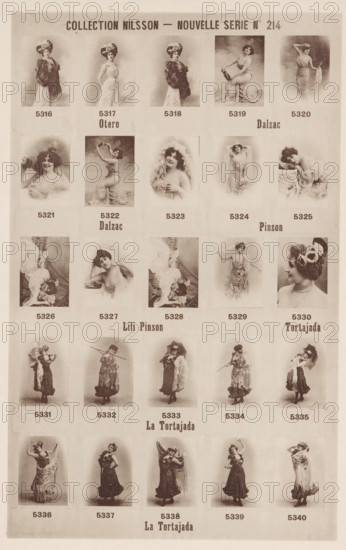 25 portraits of Otero, Dalzac, Lili Pinson and La Tortajada, Collection Nilsson - Nouvelle Série, page, photomechanical print, number: 'No 214', c. 1894 - in or before 1899, paper, collotype, photoprint, height 236 mm x width 153 mm, Person, La Tortajada, historical persons - BB - woman, portrait of dancer, A sepia-toned poster page with a grid of rectangular portrait photographs showing women in vintage dresses and theatrical costumes, many wearing hats, headpieces, or veils, posed standing, seated, reclining, or leaning, with some holding props such as fans, umbrellas, or flowers, and several images framed by soft vignette edges. The top of the page shows a centered heading in large uppercase type. Rows of small captions appear beneath each photograph. Some larger type labels appear between rows of images. The overall page has a faded, aged paper texture and a light border around the edge.