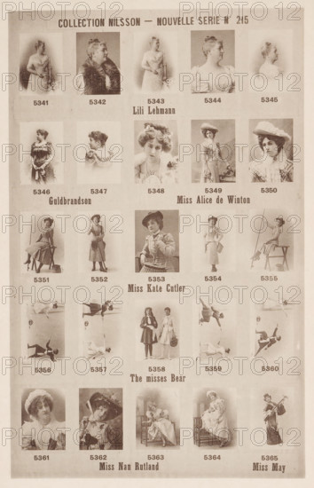 25 portraits of Lili Lehmann, Guldbrandson, Alice de Winton, Kate Cutler, the sisters Bear, Nan Rutland and May, Collection Nilsson - Nouvelle Série, page, photomechanical print, number: 'No 215', c. 1894 - in or before 1899, paper, collotype, photoprint, height 236 mm x width 153 mm, Person, Lilli Lehmann, historical persons - BB - woman, portrait of artiste (dancer, actor, etc.), A sepia-toned printed sheet contains a grid of small portrait and full-body photographs of women arranged in rows, each photo set within a rectangular frame; the top row shows bust and profile views of women in formal dresses and fur stoles, the second row features a mix of head-and-shoulder portraits and standing figures in period dresses and hats, the third row presents women posed with props such as a broom, a chair, and a walking stick, the fourth row displays pairs and solo figures in theatrical or staged poses including acrobatic-looking positions, and the bottom rows continue with seated and standing ...