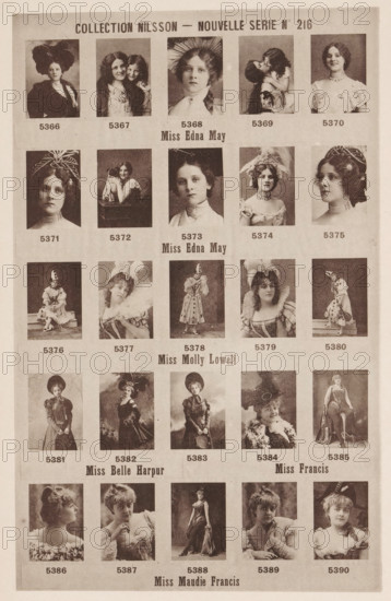25 portraits of Edna May, Molly Lowell, Belle Harpur and Maudie Francis, Collection Nilsson - Nouvelle Série, page, photomechanical print, number: 'No 216', c. 1894 - in or before 1899, paper, collotype, photoprint, height 235 mm x width 154 mm, Person, Edna May, historical persons - BB - woman, portrait of actor, actress, A vertical page showing a grid of sepia-toned portrait photographs of women and girls arranged in rows and columns, each portrait featuring different poses, costumes, hairstyles, and accessories; some images show women wearing hats, large bows, ruffled dresses, and jeweled necklaces, while others show theatrical or period costumes and headpieces, and a few show two figures together or women holding props; the portraits vary between head-and-shoulder views and full-length poses, all framed by pale margins and separated by narrow borders on a textured paper background.