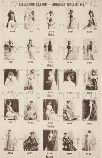 25 portraits of Robin, Darty and Fraisia, Collection Nilsson - Nouvelle Série, page, photomechanical print, number: 'No 246', c. 1894 - in or before 1899, paper, collotype, photoprint, height 237 mm x width 157 mm, historical persons - BB - woman, A sepia-toned poster showing rows of small portrait photographs of women in vintage dresses and poses arranged in a grid across the page; each portrait features a single woman in various seated or standing poses, many wearing flowing gowns, floral headpieces, or draped fabrics, and some pictured with props like chairs or curtains; the top of the page has a bold horizontal heading, and there are short labels beneath many portraits; the overall image has an antique, slightly faded appearance with uniform margins around each photograph.