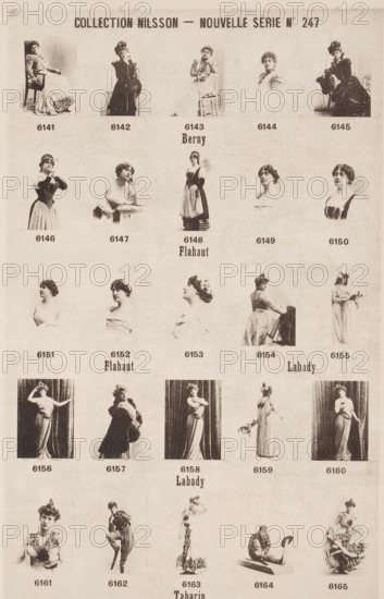 25 portraits of Berny, Flahaut, Labady and Tabarin, Collection Nilsson - Nouvelle Série, page, photomechanical print, number: 'No 247', c. 1894 - in or before 1899, paper, collotype, photoprint, height 237 mm x width 156 mm, historical persons - BB - woman, A sepia-toned page showing a grid of portrait and full-body photographs of women in period dress arranged in rows and columns, each photo placed above a small caption area; the women wear a variety of dresses, corsets, hats, and hairstyles, and pose seated, standing, or leaning with different gestures and props such as chairs and flowers; larger stylized headings appear at the top and at intervals between rows; the overall page has a textured, aged paper background and the images have dark borders and subtle fading.