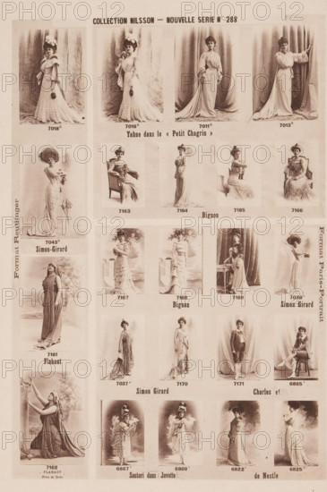25 portraits of Léonie Yahne, Juliette Simon-Girard and others, Collection Nilsson - Nouvelle Série, page, photomechanical print, inscription: 'Format Reutinger, Yahne dans le &lt, &lt, Petit Chagrin &gt, &gt, Bignon, Simon-Girard, Bignon Simon Girard, Flahaut, Simon Girard Charles et, Santori dans Javotte de Nestle, Prize de Troie, Format Paris - Portrait', number: 'No 288', c. 1895 - in or before 1900, paper, collotype, photoprint, height 238 mm x width 149 mm, Person, Léonie Yahne, Juliette-Joséphine Simon-Girard, historical persons, historical persons - BB - woman, portrait of actor, actress, portrait of opera-singer, A sepia-toned page showing a grid of portrait photographs of women and a few men in vintage clothing, each image framed with space around it and arranged in rows and columns. The top row features four full-length portraits of women in long flowing dresses and hats standing against draped fabric. Below that are smaller portraits of seated and standing women in ornate g...