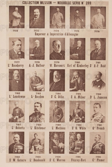 25 portraits of Wilhelm II of Germany and his wife Augusta Victoria and others, Collection Nilsson - Nouvelle Série, page, photomechanical print, number: 'No 289', inscription: 'Empereur & Impératrice d'Allemagne, Ld Roseberry A.-J. Balfour, W. Harcourt Earl of Kimberley Sr RF. Reid, Lr Lansdowne Ld Goschen Sr C. Dilke Sr A. Milner Dr L. Jameson, Lr Roberts Ld Kitchener Ld Methuen Sr G. White Gal French, Sr W. Gatacre Ld Dundonald Sr C. Warren Fitzroy-Hart Cel Plumer', c. 1895 - in or before 1900, paper, collotype, photoprint, height 238 mm x width 153 mm, Person, Wilhelm II (Emperor of Germany), Augusta Victoria (Empress of Germany), historical persons, historical persons - BB - woman, A sepia-toned printed sheet showing a grid of portrait photographs of men and one woman, each portrait framed in a rectangular box with space beneath, arranged in rows and columns. The portraits show individuals in a variety of poses and attire, including formal suits, military uniforms with medals, and...