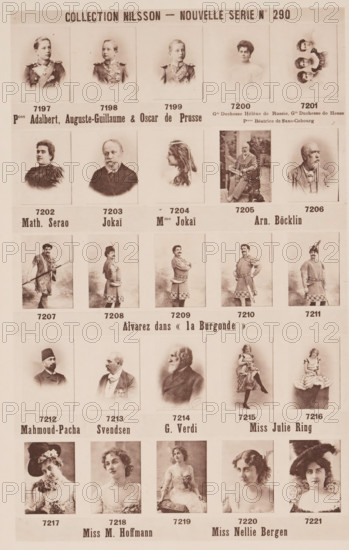 25 portraits of the princes Adalbert, August Wilhelm and Oscar of Prussia and others, Collection Nilsson - Nouvelle Série, page, photomechanical print, number: 'No 290', inscription: 'Pces Adalbert, Auguste-Guillaume & Oscar de Prusse Gde Duchesse Hélène de Russie, Gde Duchesse de Hesse, Pcesse Béatrice de Saxe-Cobourg, Math. Serao Jokaï Mme Jokaï Arn. Böcklin, Alvarez dance &lt, &lt, la Burgonde &gt, &gt, Mahmoud-Pacha Svendsen G. Verdi Miss Julie Ring, Miss M. Hoffmann Miss Nellie Bergen', c. 1895 - in or before 1900, paper, collotype, photogravure, height 238 mm x width 153 mm, Person, Adalbert Ferdinand Berengar Viktor of Prussia, August Wilhelm of Prussia (Prince of Prussia), Oscar of Prussia (Prince of Prussia), historical persons, historical persons - BB - woman, prince, A sepia-toned printed sheet divided into rows of rectangular portrait photographs showing men, women, and children in vintage clothing. The top row features young boys in uniform and a woman with an updo, alongs...