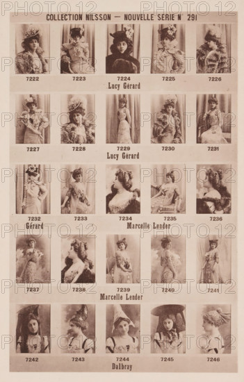 25 portraits of Lucy Gérard, Marcelle Lender and Dalbray, Collection Nilsson - Nouvelle Série, page, photomechanical print, number: 'No 291', c. 1895 - in or before 1900, paper, collotype, photoprint, height 238 mm x width 153 mm, Person, Marcelle Lender, Lucy Gérard, historical persons - BB - woman, portrait of actor, actress, A vertical sheet with a grid of small sepia photographic portraits of women wearing period dresses and hats, arranged in rows and columns with light borders separating each portrait, showing a variety of poses including seated, standing, and side profiles, with several women wearing fur stoles, ruffled collars, and floral hat decorations, and a central vertical band containing larger blank spaces between rows.