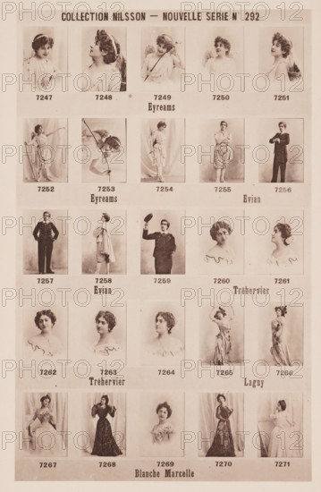 25 portraits of Cécile Eyreams, Evian, Tréhervier, Lagny and Blanche Marcelle, Collection Nilsson - Nouvelle Série, page, photomechanical print, number: 'No 292', c. 1895 - in or before 1900, paper, collotype, photoprint, height 238 mm x width 153 mm, historical persons - BB - woman, A sheet containing a grid of sepia-toned portrait photographs of people in period clothing, arranged in rows and columns with small rectangular frames around each image, showing mostly women in various poses and a few men, some standing, some seated or turned in profile, wearing dresses, suits, hats, or accessories, with neutral or draped backdrops behind them and narrow margins between the framed photos.