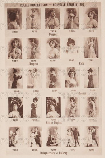 25 portraits of Desprez, Celli, Hélène Dupont, Louis Delaquerrière and Dalbray, Collection Nilsson - Nouvelle Série, page, photomechanical print, number: 'No 293', c. 1895 - in or before 1900, paper, collotype, photoprint, height 238 mm x width 153 mm, Person, Louis Delaquerrière, historical persons, historical persons - BB - woman, portrait of opera-singer, A sepia-toned sheet with a grid of portrait and full-length photographic images of women and small scenes, each image set within a rectangular frame and showing various posed figures in period clothing and hats, some looking at the camera and others in profile or three-quarter views, with hairstyles ranging from short curls to elaborate updos and accessories like feathers and flowers, and with varied backgrounds from plain to soft-focus studio drapery; the sheet shows several horizontal bands separating rows of photos and faint printed labels beneath each framed picture, and the overall paper has a slightly aged, evenly toned appea...