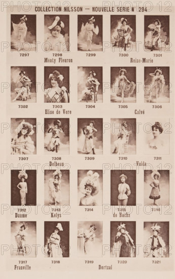 25 portraits of Méaty Fleuron, Elise de Vere and others, Collection Nilsson - Nouvelle Série, page, photomechanical print, inscription: 'Méaty Fleuron Reine-Marie, Elise de Vere Calvé, Delbeau Valda, Daume Kélys de Bacha, Franville Dortzal', number: 'No 294', c. 1895 - in or before 1900, paper, collotype, photoprint, height 238 mm x width 153 mm, Person, Élise de Vère, historical persons - BB - woman, portrait of actor, actress, A sepia-toned poster-like sheet showing a grid of vintage portrait photographs of women arranged in rows and columns, each portrait set within a rectangular frame with spacing between images, many women wearing ornate hats, dresses, and theatrical or period costumes, several posed seated on or beside chairs while others stand in elegant or theatrical stances, hairstyles ranging from updos to curled short styles, facial expressions mostly neutral to smiling, decorative backgrounds with soft cloud-like shading behind the subjects, larger bold heading text across ...