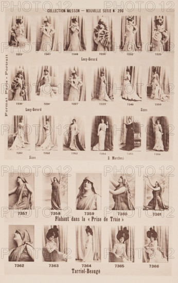 25 portraits of Lucy Gérard, Sizos, Blanche Marchesi and Flahaut, Collection Nilsson - Nouvelle Série, page, photomechanical print, inscription: 'Format Paris - Portrait, Lucy-Gérard, Lucy-Gérard Sizos, Sizos B. Marchesi, Flahaut dans la &lt, &lt, Prize de Troie &gt, &gt, Tarriol-Beaugé', number: 'No 296', c. 1895 - in or before 1900, paper, collotype, photoprint, height 238 mm x width 153 mm, Person, Lucy Gérard, Blanche Marchesi, historical persons - BB - woman, portrait of actor, actress, A sepia-toned page showing rows of small portrait photographs arranged in a grid, each portrait framed by a narrow white border and featuring women in various full-length and three-quarter poses with draped dresses, hats, veils, or shawls, against plain or curtain backdrops; the top portion displays a horizontal heading centered above the first row, and there are several centered labels of different names and small captions between the rows; below the top section a middle band contains more portrai...
