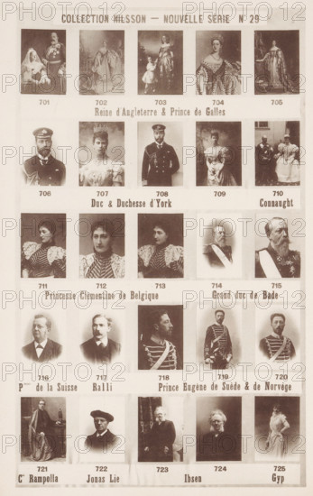 25 portraits of George V of England, reproductions of paintings of portraits of Queen Victoria of England, Clementine of Belgium, Frederick I of Baden, Eugene of Sweden and others, Collection Nilsson - Nouvelle Série, reproduction, page, photomechanical print, number: 'No 29', after painting by anonymous, c. 1892 - in or before 1897, paper, collotype, photoprint, height 234 mm x width 154 mm, Person, Victoria (Queen of the United Kingdom and Empress of India), George V (King of the United Kingdom), Eugene of Sweden, Jonas Lie, historical persons, historical persons - BB - woman, A sepia-toned printed sheet showing rows of rectangular portrait photographs of men and women in formal or historical attire, each portrait placed within a framed box and arranged in a grid with narrow margins between them, the portraits varying between full-body poses and head-and-shoulder views, some subjects wearing crowns, military uniforms, sashes, or elaborate dresses, others in civilian suits or clerical...