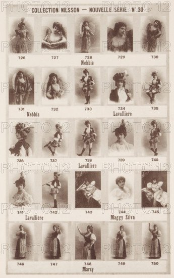 25 portraits of Nebbia, Eve Lavallière, Maggy Silva and Marsy, Collection Nilsson - Nouvelle Série, page, photomechanical print, number: 'No 30', c. 1892 - in or before 1897, paper, collotype, photoprint, height 233 mm x width 154 mm, Person, historical persons - BB - woman, portrait of actor, actress, A vertically oriented sheet showing a grid of small vintage photographic portraits of women in various poses and costumes, arranged in multiple horizontal rows separated by pale bands; each portrait is framed by a light rectangular border and features women wearing period dresses, hats, theatrical or fairy-like outfits, and accessories such as feathers and parasols, with some shown standing, others seated or reclining, and several with turned or tilted heads and varied facial expressions; the images have a sepia tone and a slightly faded, antique appearance, with even spacing between portraits and narrow margins around the sheet.