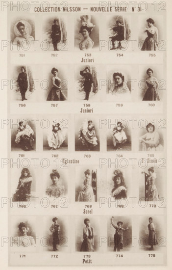 25 portraits of Juniori, Eglantine, J. Simon, Sorel and Valentine Petit, Collection Nilsson - Nouvelle Série, page, photomechanical print, number: 'No 31', c. 1892 - in or before 1897, paper, collotype, photoprint, height 235 mm x width 153 mm, Person, Valentine Petit, historical persons - BB - woman, The image shows a sepia-toned sheet with a grid of portrait and full-body photographs of women in vintage clothing arranged in rows and columns, each photograph set within a pale rectangular frame against a light background; the top of the sheet features a wider horizontal band with bold lettering, and beneath it are multiple rows where each cell contains a single individual posed in period dresses, hats, or costume-like outfits, some seated and some standing, with varied facial expressions and hairstyles; between the rows there are narrower horizontal bands containing printed labels, and the overall page has a uniform margin and slightly aged, textured appearance.