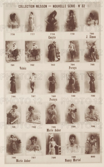 25 portraits of Cocyte, J. Simon, Valois, Pernyn, Marie Auber and Nancy Martel, Collection Nilsson - Nouvelle Série, page, photomechanical print, number: 'No 32', c. 1892 - in or before 1897, paper, collotype, photoprint, height 235 mm x width 154 mm, historical persons - BB - woman, A vertically oriented sepia-toned page shows a grid of small vintage portrait photographs arranged in horizontal rows, each framed by light borders. The top of the page contains a wide header bar. The portraits feature women in period dress and costumes, shown in various poses including profile views, seated poses, standing full-body figures, theatrical stances, and some with props like hats, a bicycle, a staff, or a chair. Several women wear elaborate gowns with puffed sleeves, ruffled collars, or decorative headwear; others wear more tailored or theatrical outfits with tights or boots. Backgrounds vary between plain studio backdrops and softly rendered scenic or painted settings. Between rows of images t...