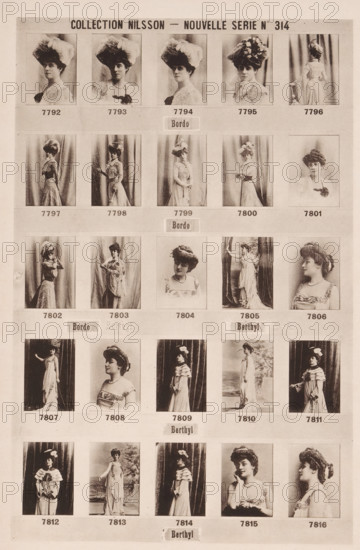 25 portraits of Bordo and Berthyl, Collection Nilsson - Nouvelle Série, page, photomechanical print, number: 'No 314', c. 1895 - in or before 1900, paper, collotype, photoprint, height 240 mm x width 154 mm, historical persons - BB - woman, A sepia-toned sheet displaying rows of small photographic portraits of women in vintage dresses and hats, each image framed with uniform margins; the top row shows five head-and-shoulder and back-view portraits with elaborate feathered and floral hats, the next two rows show standing full- and three-quarter-length poses against draped curtains with many women holding parasols, fans, or posing with hands clasped, and some wearing high-collared lace bodices; the middle rows include a mix of close-up bust portraits and full-length figures in flowing gowns, with several women shown in profile or three-quarter view and wearing necklaces or brooches; the lower rows continue with full-length and bust images, featuring women in layered dresses, ruffled slee...