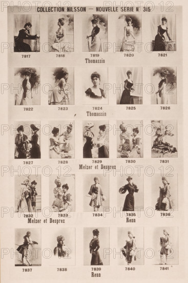 25 portraits of Thomassin, Melzer, Desprez and Renn, Collection Nilsson - Nouvelle Série, page, photomechanical print, number: 'No 315', c. 1895 - in or before 1900, paper, collotype, photoprint, height 240 mm x width 155 mm, historical persons - BB - woman, A vertically oriented sepia-toned sheet displays a grid of photographic portrait panels featuring women in period dress arranged in several rows; each panel shows a single pose or small group with varied outfits, hats, and props such as chairs, canes, and a small table, with many subjects turned in profile or three-quarter view and some facing forward; hairstyles include updos and adorned hats, and garments range from dark, ornate dresses with lace and high collars to lighter gowns with ruffles and sashes, with a few images showing pairs of women interacting; the sheet has a pale background and visible margins around each photograph, and the photos exhibit soft studio backdrops with cloudy or plain drapery textures.