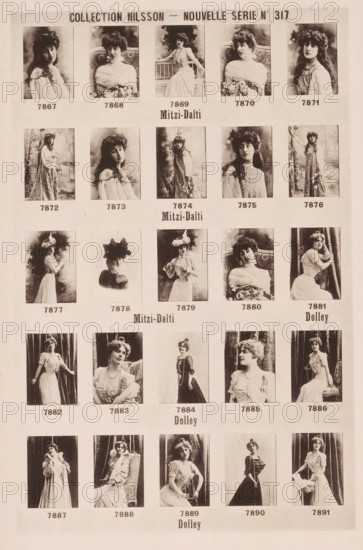 25 portraits of Mitzi-Dalti and Dolley, Collection Nilsson - Nouvelle Série, page, photomechanical print, number: 'No 317', c. 1895 - in or before 1900, paper, collotype, photoprint, height 239 mm x width 155 mm, historical persons - BB - woman, A vertical sheet showing a grid of sepia-toned portrait photographs of women in vintage dresses and hats, each image framed with a margin, arranged in rows and columns across the page; the women display a variety of poses including seated, standing, leaning, and looking toward or away from the camera, with different hairstyles and accessories such as flowers, ribbons, and elaborate collars; some portraits show studio backdrops like curtains or painted scenery, while others include props such as chairs or tree trunks; the overall tone is aged and warm, with photographic contrast and soft focus typical of antique prints.