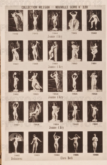 25 portraits of Jeanne d'Ary, Delinières and Clara Beth, Collection Nilsson - Nouvelle Série, page, photomechanical print, number: 'No 320', c. 1895 - in or before 1900, paper, collotype, photoprint, height 240 mm x width 153 mm, historical persons - BB - woman, A vertical sheet showing rows of sepia-toned rectangular portrait-style photographs, each featuring a single standing nude woman posed against dark drapery or simple props, arranged in a grid with narrow light borders between images; some women hold objects like a wreath or a lyre or a round disc, some lean on pedestals or draped fabric, and a few images include sculptural elements or draped cloth; the sheet has a light background and an overall aged, slightly speckled appearance.