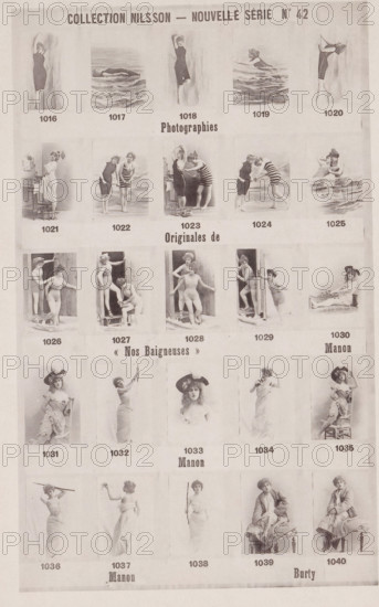 25 portraits of models in swimsuits, Collection Nilsson - Nouvelle Série, page, photomechanical print, number: 'No 42', inscription: 'Photographies, Originales de, &lt, Nos Baigneuses &gt, &gt, Manon, Burty', c. 1892 - in or before 1897, paper, collotype, photoprint, height 234 mm x width 153 mm, historical persons - BB - woman, A grid of small vintage photographic portraits arranged in rows and columns, each image featuring women in various poses and outfits including swimwear, dresses, and hats, some standing alone, some in pairs or small groups, with backgrounds that include plain backdrops, seaside waves, and doorways; the photos are sepia-toned and framed by pale margins, with empty spaces beneath each image.