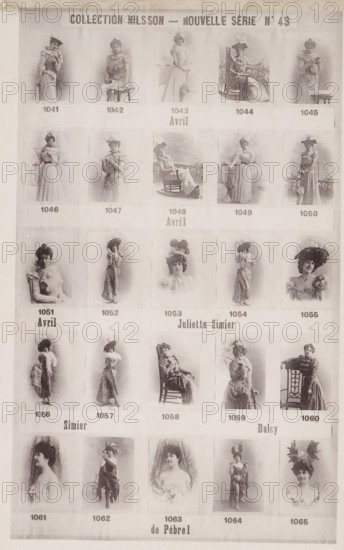 25 portraits of Avril, Juliette Simier and Dalcy de Pébrel, Collection Nilsson - Nouvelle Série, page, photomechanical print, number: 'No 43', c. 1892 - in or before 1897, paper, collotype, photoprint, height 234 mm x width 150 mm, historical persons - BB - woman, A vertically oriented sheet displaying a grid of small sepia-toned portrait photographs of women arranged in rows and columns, each photograph showing a single woman in period clothing and various poses, many wearing hats or holding props, some seated and some standing, with thin borders separating the images and faint printed headings and labels above and below certain rows, the paper showing slight aging and a light textured background.