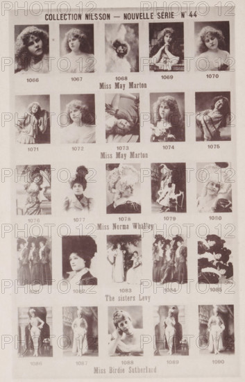 25 portraits of Miss May Marton, Norma Whalley, the Levy sisters and Birdie Sutherland, Collection Nilsson - Nouvelle Série, page, photomechanical print, number: 'No 44', c. 1892 - in or before 1897, paper, collotype, photoprint, height 231 mm x width 153 mm, Person, historical persons - BB - woman, portrait of actor, actress, A vertically oriented page showing a grid of sepia-toned portrait photographs arranged in rows and columns, each photograph featuring a different woman in vintage attire and various poses; many images show women with curled or styled hair, some wearing hats or decorative headpieces, others wearing dresses with ruffles, lace, or high collars, and a few posed with props like flowers or architectural elements; the portraits vary between bust, three-quarter, and full-length views, with expressions ranging from neutral to contemplative and occasional smiles; the page has narrow margins and a light background, and the photographs are separated by pale spaces, with each...