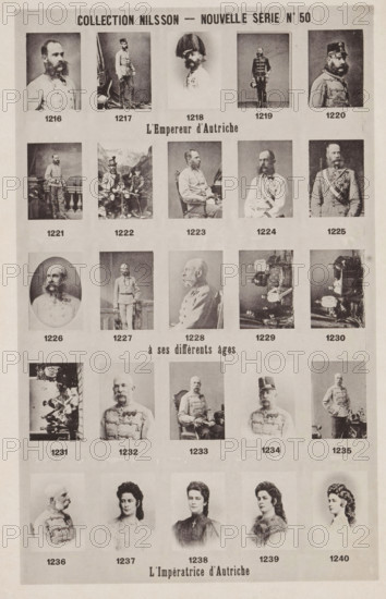 25 portraits of Emperor Francis Joseph I of Austria and his wife Elisabeth of Bavaria, Collection Nilsson - Nouvelle Série, page, photomechanical print, number: 'No 50', inscription: 'L'Empereur d'Autriche, à ses différents âges, L'Impératrice d'Autriche', c. 1892 - in or before 1897, paper, collotype, photoprint, height 229 mm x width 150 mm, Person, Frans Joseph I Karel (Emperor of Austria), Elisabeth Amalie Eugenie in Bavaria (Empress of Austria), historical persons, historical persons - BB - woman, king, queen, A sepia-toned poster page showing a grid of small photographic portraits and group photographs arranged in rows and columns with a wide top margin and narrower side margins. The images feature men in military uniforms, some seated and some standing, with facial hair ranging from full beards to mustaches, and a few photographs of women with styled hair and high-collared clothing. Several portraits show chest medals and decorative sashes, and a few group shots include multiple...