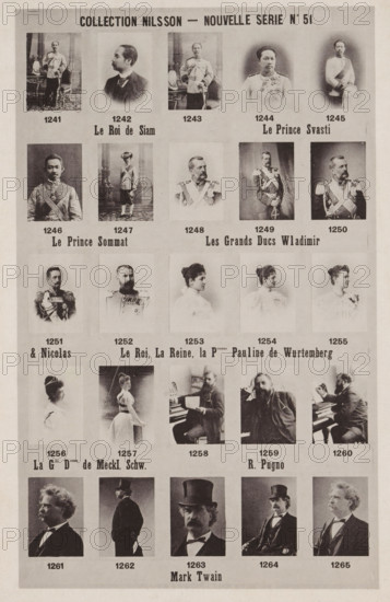 25 portraits of Chulalongkorn the Great, Princes Svasti and Sommat, Grand Duke Vladimir Alexandrovich Romanov and Nicolas, Raoul Pugno, Mark Twain and others, Collection Nilsson - Nouvelle Série, page, photomechanical print, number: 'No 51', inscription: 'Le Roi de Siam Le Prince Svasti, Le Prince Sommat Les Grands Ducs Wladimir, &Nicolas Le Roi, La Reine, la Pcesse Pauline de Wurtemberg, La Gde Desse de Meckl. Schw. R. Pugno, Mark Twain', c. 1892 - in or before 1897, paper, collotype, photoprint, height 229 mm x width 153 mm, Person, Vladimir Alexandrovich Romanov (Grand Prince of Russia), Chulalongkorn the Great, Mark Twain, historical persons, historical persons - BB - woman, king, portrait of a writer, portrait of composer, A vertically oriented printed sheet featuring a grid of small black-and-white portrait photographs arranged in rows, each portrait framed by a light rectangular border and showing a variety of posed subjects including men in formal military or dress uniforms wit...