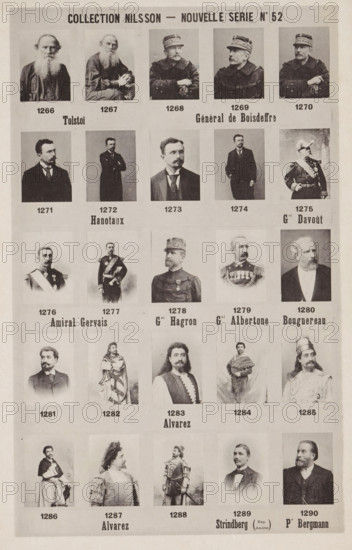 25 portraits of Tolstoy, Raoul de Boisdeffre and others, Collection Nilsson - Nouvelle Série, page, photomechanical print, inscription: 'Tolstoï Génèral de Boisdeffre, Hanotaux Gal Davoût, Amiral Gervais Gal Hagron Gal Albertone Bouguereau, Alvarez, Alvarez Strindberg (Exp. Andrée) Pr Bergmann', number: 'No 52', c. 1892 - in or before 1897, paper, collotype, photoprint, height 230 mm x width 152 mm, Person, Leo Tolstoj, Raoul Le Mouton de Boisdeffre, historical persons, historical persons - BB - woman, portrait of a writer, A vertical poster displaying a grid of sepia-toned portrait photographs arranged in rows and columns, each portrait showing a different person in varied attire and poses; the top row features close-up head-and-shoulder images of older men with long beards and men in military uniforms with hats, the next rows show a mix of formal portraits of men in suits, full-length figures in military dress and ceremonial uniforms with sashes and medals, and a variety of posed stu...