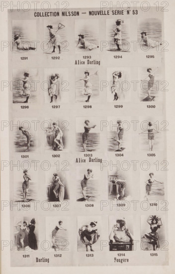 25 portraits of ladies in swimwear, named Alice Darling and Fougère, Collection Nilsson - Nouvelle Série, page, photomechanical print, number: 'No 53', c. 1892 - in or before 1897, paper, collotype, photoprint, height 236 mm x width 149 mm, historical persons - BB - woman, A sepia-toned poster showing a grid of small vintage photographic portraits of a woman in various seaside costumes and poses, each portrait framed by a pale rectangular border and arranged in rows and columns with captions beneath; the woman appears in dresses, bathing suits, striped outfits, and hats, shown standing, sitting, leaning, and posing with props such as a net, a board, and a basin, with a background that resembles water or a beach in most images, and with a header band across the top and a wider margin at the bottom.