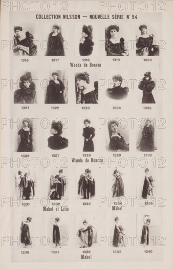 25 portraits of Wanda de Boncza and Mabel, Collection Nilsson - Nouvelle Série, page, photomechanical print, number: 'No 54', c. 1892 - in or before 1897, paper, collotype, photoprint, height 235 mm x width 150 mm, historical persons - BB - woman, A vertical sheet displaying rows of small vintage black and white portrait photographs of women in period clothing and hairstyles, each portrait set within a rectangular frame and arranged in a grid across the page, with larger portrait groupings near the top and rows of full-length figure studies toward the bottom; the women wear a variety of dresses, coats, hats, and accessories, with several images showing fur garments, high collars, puffed sleeves, and elaborate coiffures, and a few portraits show side profiles while others face forward or are seated, all images are sepia-toned and mounted on a light background with a faint border around the sheet.