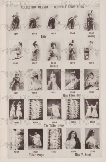 25 portraits of Litié, Saulnay, singer Clara Butt, The Tiller Troupe and Miss V. Royal, Collection Nilsson - Nouvelle Série, page, photomechanical print, number: 'No 55', c. 1892 - in or before 1897, paper, collotype, photoprint, height 236 mm x width 150 mm, historical persons - BB - woman, portrait of artiste (dancer, actor, etc.), A vertical sheet with rows of small sepia-toned portrait and group photographs arranged in a grid, each image showing women in period dresses and hats posed alone or in pairs or small ensembles, some seated on chairs or rocking chairs, some standing beside props like a balustrade or a small column, and some in coordinated dance or tableau poses; outfits include flowing gowns, layered skirts, feathered hats, and lace details, and several images show women holding flowers or fans or lifting skirts, while others display motion or repeated sequential poses; the overall page has a light background with pale margins and uniform spacing between the photographs.