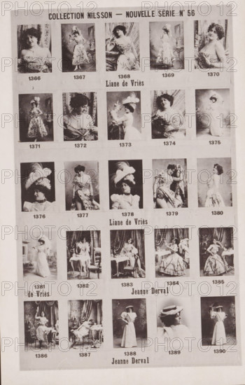 25 portraits of Liane de Vriés and Jeanne Derval, Collection Nilsson - Nouvelle Série, page, photomechanical print, number: 'No 56', c. 1892 - in or before 1897, paper, collotype, photoprint, height 236 mm x width 151 mm, historical persons - BB - woman, portrait of artiste (dancer, actor, etc.), A vertically oriented sheet showing a grid of small vintage black-and-white portrait photographs of women in various dresses and posed settings, arranged in rows and columns with narrow white borders; the women wear a variety of hats, gowns, and accessories, and appear in seated and standing poses, sometimes holding flowers or leaning on furniture; the images show patterned drapery, tables, chairs, and small decorative props in the backgrounds; the overall page has a light aged paper tone with faint creases and margins visible.