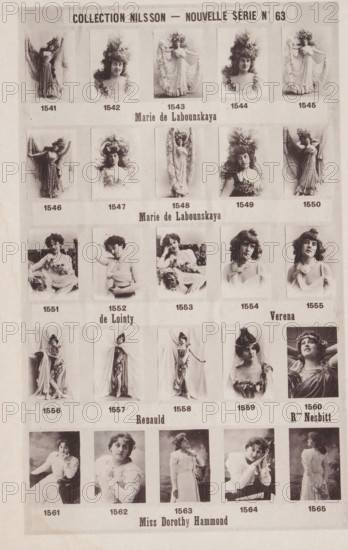 25 portraits of Marie de Labounskaya, De Lointy, Verena, Renauld, Rose Nesbitt and Dorothy Hammond, Collection Nilsson - Nouvelle Série, page, photomechanical print, number: 'No 63', c. 1892 - in or before 1897, paper, collotype, photoprint, height 235 mm x width 155 mm, historical persons - BB - woman, A vertically oriented sepia sheet displays a grid of small vintage photographic portraits and full-length studio poses of women arranged in rows and columns, each portrait showing a single woman in period costume or dress with varied hairstyles and accessories such as large feathered hats, draped fabrics, and floral adornments; some images show women seated and relaxed while others stand in theatrical poses holding or spreading flowing garments, and the photos vary between head-and-shoulder close-ups and full-body views, separated by light rectangular borders and narrow blank bands, with larger typographic lines of bold capitalized text printed above and between rows and smaller bold la...