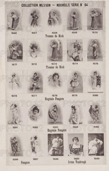 25 portraits of Yvonne de Rick, Eugénie Fougère and Irene Vanbrugh, Collection Nilsson - Nouvelle Série, page, photomechanical print, number: 'No 64', c. 1892 - in or before 1897, paper, collotype, photoprint, height 236 mm x width 154 mm, historical persons - BB - woman, A vertical sheet showing a grid of sepia photographic portraits arranged in rows and columns, each portrait framed within a light rectangular box and depicting women in various period costumes and poses; the top area includes a larger band across the width with bold printed lettering that is not described, below which are multiple rows of small studio-style images featuring women wearing ornate hats, flowing dresses, parasols, fans, and props such as chairs and decorative stands, with some women seated and others standing or leaning; the images show a variety of facial expressions from smiling to neutral, and many dresses have lace, ruffles, layered skirts, and floral embellishments; between rows there are horizontal ...