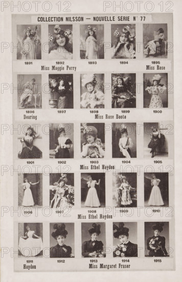 25 portraits of Maggie Perry, Rose Dearing, Rose Boote, Ethel Haydon and Margaret Fraser, Collection Nilsson - Nouvelle Série, page, photomechanical print, number: 'No 77', c. 1892 - in or before 1897, paper, collotype, photoprint, height 234 mm x width 154 mm, Person, Ethel Haydon, historical persons - BB - woman, A sepia-toned composite sheet showing a vertical grid of portrait photographs of women in vintage dress, each portrait framed by a light border and arranged in horizontal rows; the women wear a variety of costumes and hats, ranging from floral wreaths and large feathered headpieces to elaborate bonnets and fitted bodices, and several portraits show women holding props such as fans, bouquets, or chairs while posing in studio settings with plain or painted backdrops; the top of the sheet features a wide rectangular header, and between rows there are wide horizontal bands separating groups of portraits; the overall page has a worn paper texture with slight discoloration and sub...