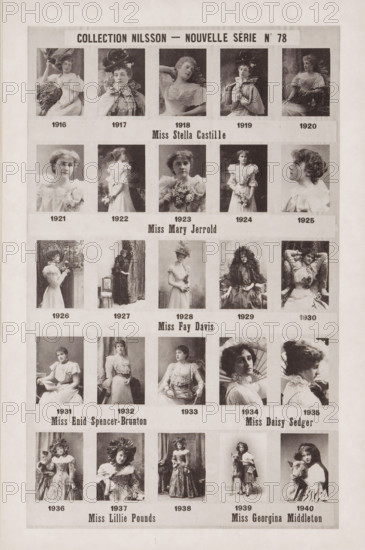 25 portraits of Stella Castille, Mary Jerrold, Fay Davis, Enid Spencer-Brunton, Daisy Sedger, Lillie Pounds and Georgina Middleton, Collection Nilsson - Nouvelle Série, page, photomechanical print, number: 'No 78', c. 1892 - in or before 1897, paper, collotype, photoprint, height 234 mm x width 154 mm, Person, historical persons - BB - woman, portrait of actor, actress, A vertical poster page showing a grid of vintage black and white portrait photographs of women arranged in rows and columns with narrow borders between images, each portrait featuring a single seated or standing woman in period dresses, hats, or hairstyles, some holding flowers or posed with hands visible, all images surrounded by a pale margin and separated by horizontal bands that contain larger text blocks, with a decorative header strip across the top and a wide pale border around the entire page.