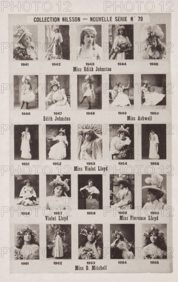 25 portraits of Edith Johnston, Ashwell, Violet Lloyd, Florence Lloyd and D. Mitchell, Collection Nilsson - Nouvelle Série, page, photomechanical print, number: 'No 79', c. 1892 - in or before 1897, paper, collotype, photoprint, height 234 mm x width 155 mm, historical persons - BB - woman, The image shows a vertically oriented sepia-toned poster divided into a grid of portrait photographs of women wearing vintage dresses and hats, arranged in rows and columns with horizontal bands separating groups; many of the women pose seated or standing, often wearing large decorative hats, ruffled or flowing gowns, and occasionally holding props or leaning on furniture; the background of each portrait varies between plain backdrops and simple interior settings, and the poster has a textured, aged paper border.
